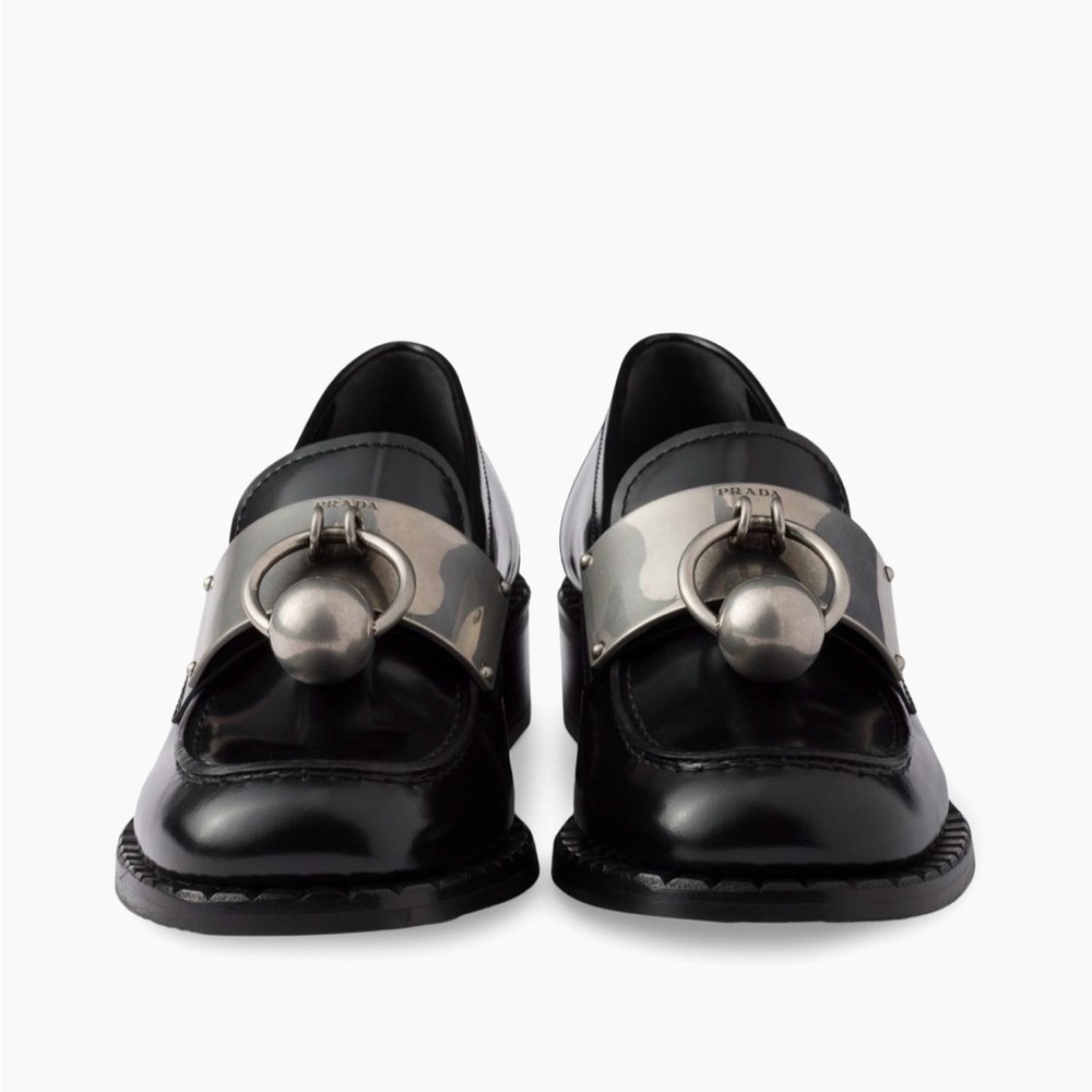 Prada Black Brushed Leather Loafers with Metal Ring- Excellent Condition